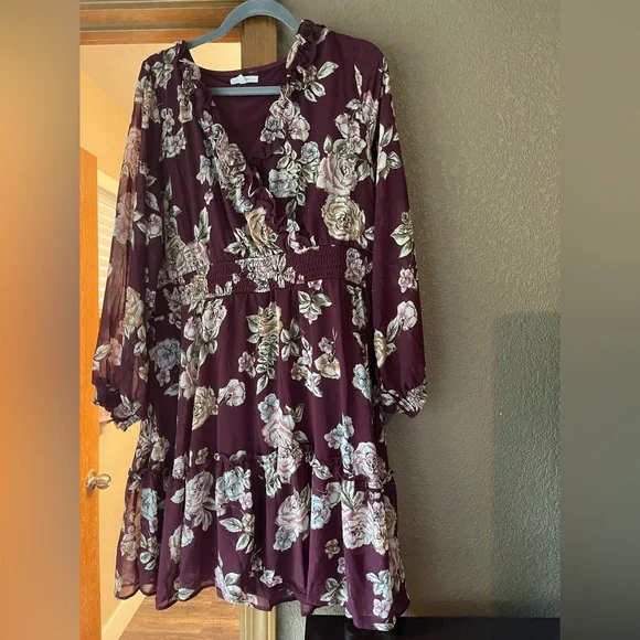 MAURICES Burgundy Floral Long Sleeve Mini Dress XXL